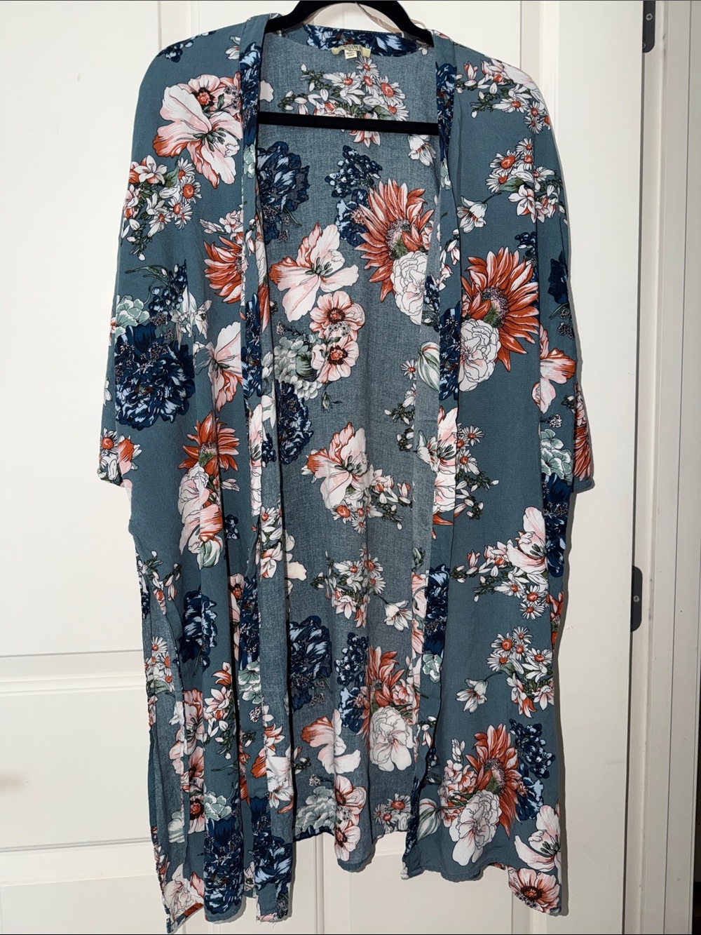 Kori Teal Floral Open-Front Kimono Jacket